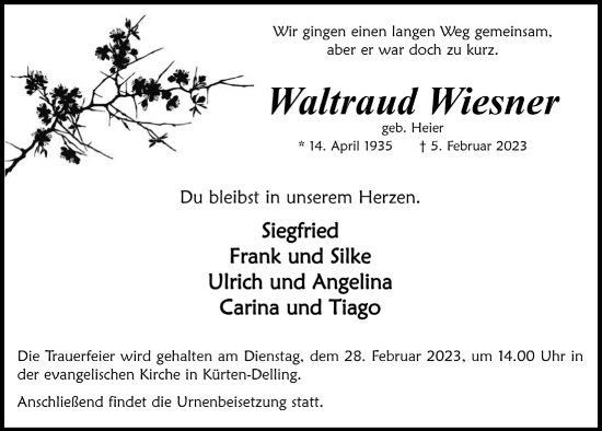 Anzeige von Waltraud Wiesner von  Bergisches Handelsblatt 