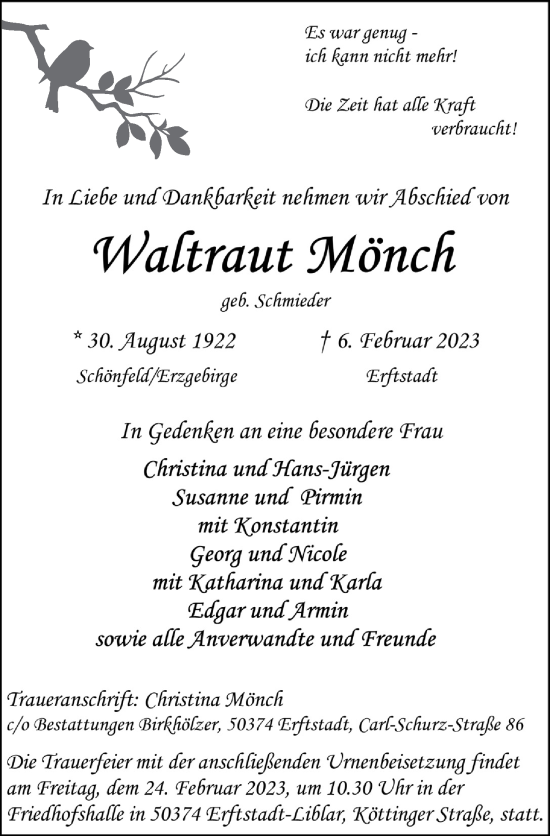 Anzeige von Waltraut Mönch von  Werbepost 