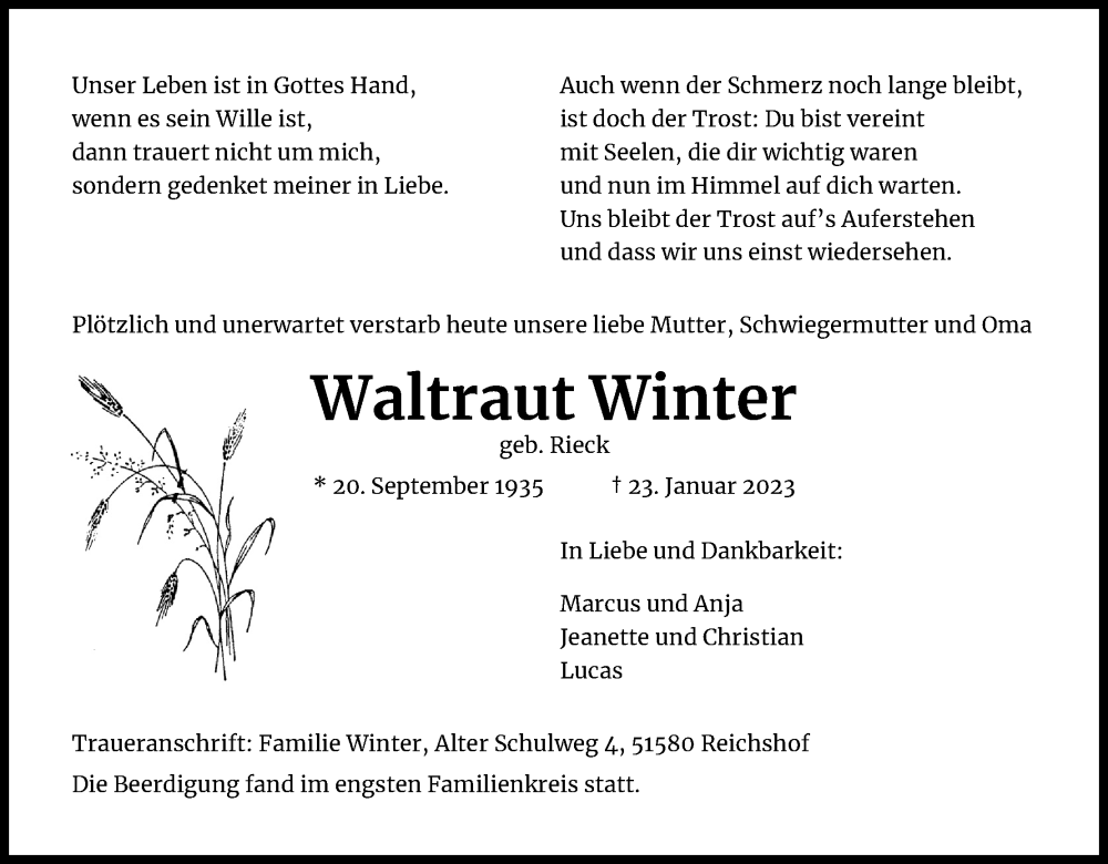  Traueranzeige für Waltraut Winter vom 04.02.2023 aus Kölner Stadt-Anzeiger / Kölnische Rundschau / Express