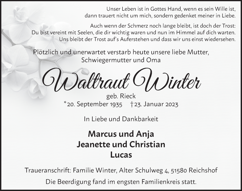  Traueranzeige für Waltraut Winter vom 03.02.2023 aus  Anzeigen Echo 