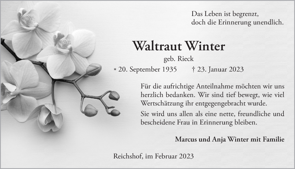  Traueranzeige für Waltraut Winter vom 24.02.2023 aus  Anzeigen Echo 