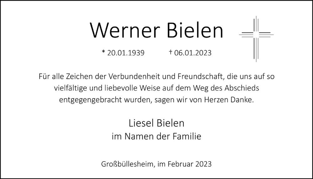  Traueranzeige für Werner Bielen vom 18.02.2023 aus  Blickpunkt Euskirchen 