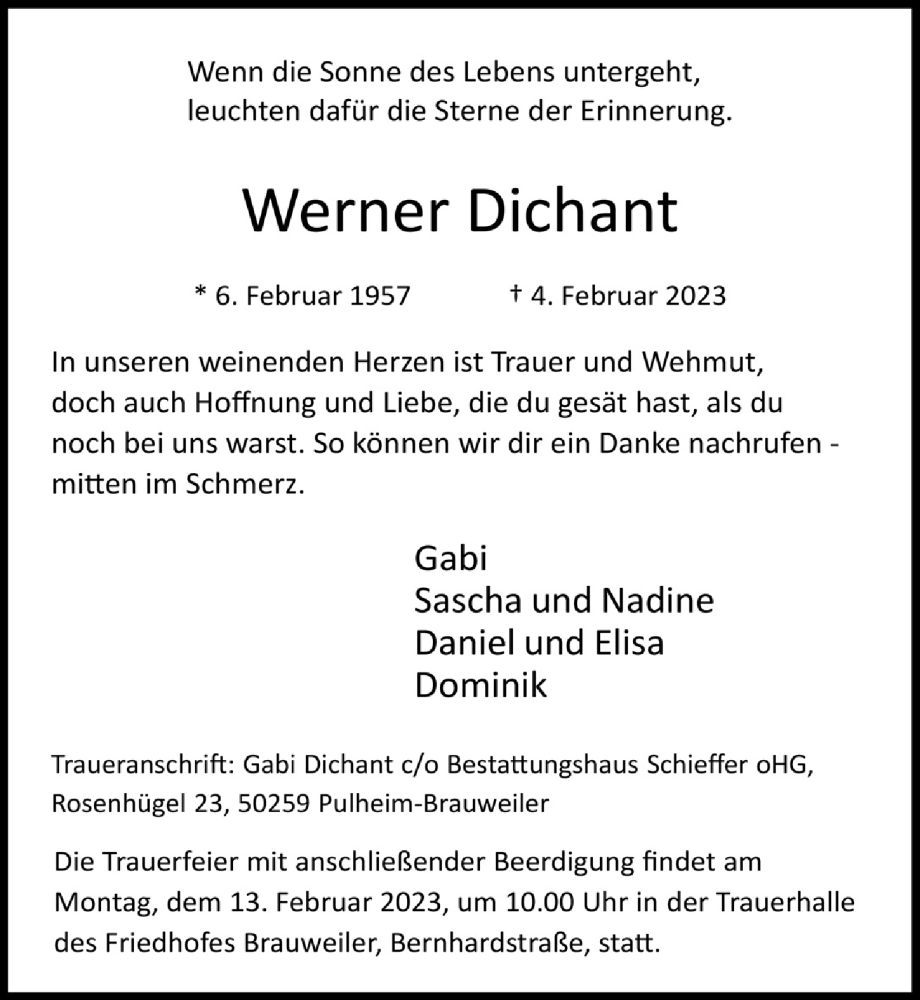  Traueranzeige für Werner Dichant vom 10.02.2023 aus  Wochenende  Werbepost 