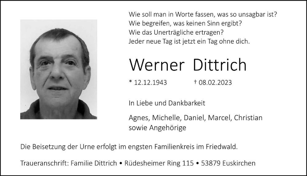  Traueranzeige für Werner Dittrich vom 18.02.2023 aus  Blickpunkt Euskirchen 