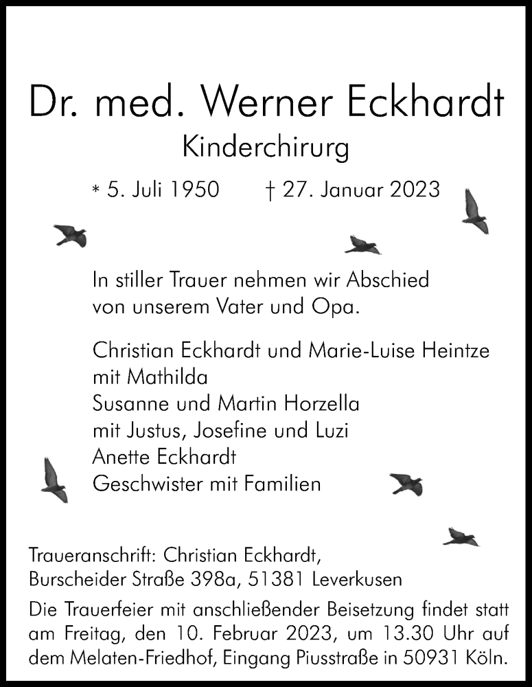  Traueranzeige für Werner Eckhardt vom 04.02.2023 aus Kölner Stadt-Anzeiger / Kölnische Rundschau / Express