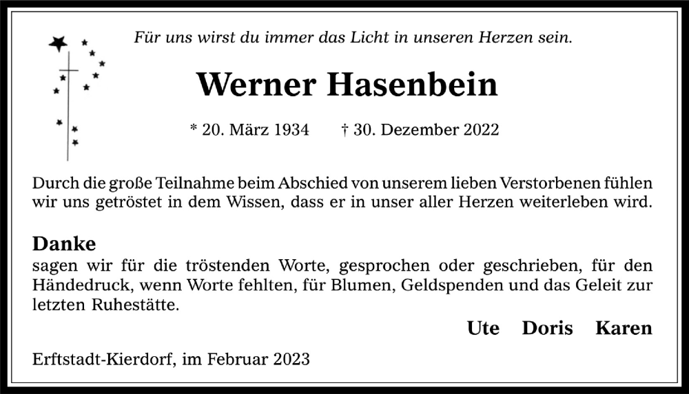 Traueranzeige für Werner Hasenbein vom 10.02.2023 aus  Werbepost 