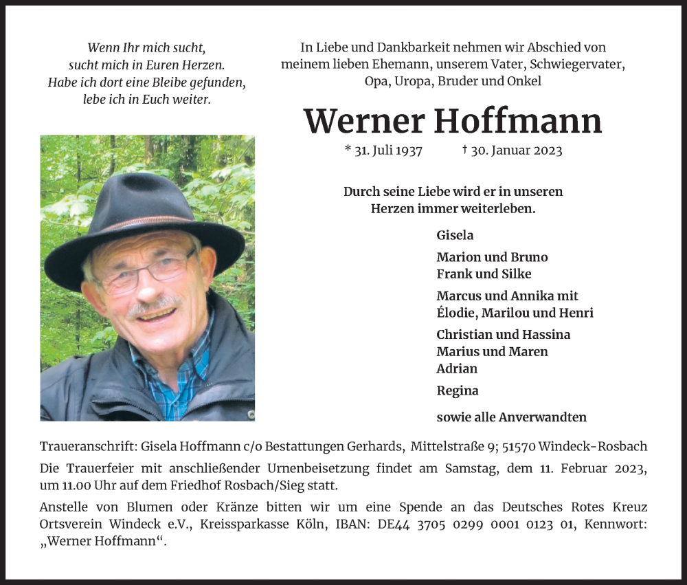  Traueranzeige für Werner Hoffmann vom 04.02.2023 aus Kölner Stadt-Anzeiger / Kölnische Rundschau / Express