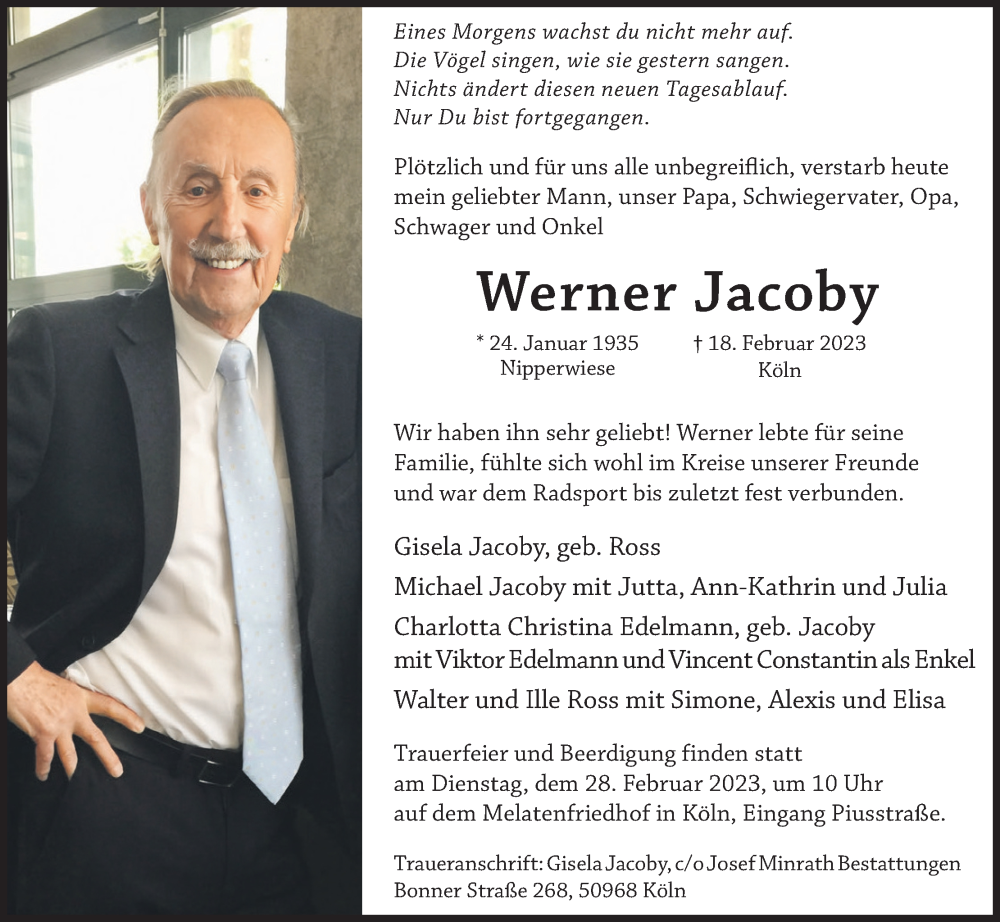  Traueranzeige für Werner Jacoby vom 25.02.2023 aus Kölner Stadt-Anzeiger / Kölnische Rundschau / Express