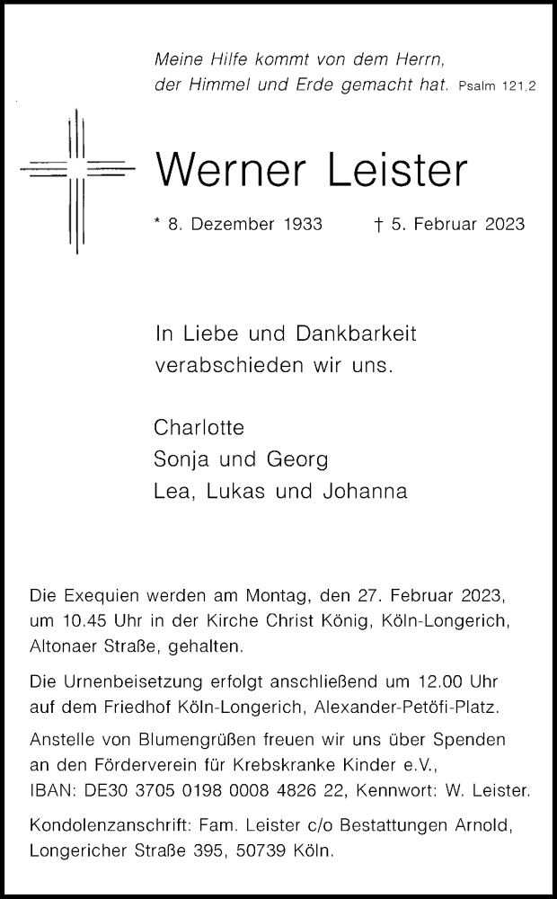  Traueranzeige für Werner Leister vom 18.02.2023 aus Kölner Stadt-Anzeiger / Kölnische Rundschau / Express