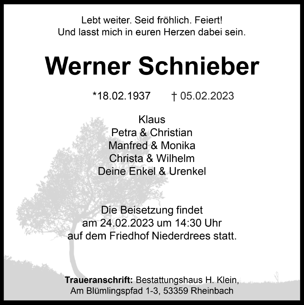 Traueranzeige für Werner Schnieber vom 17.02.2023 aus  Schaufenster/Blickpunkt 