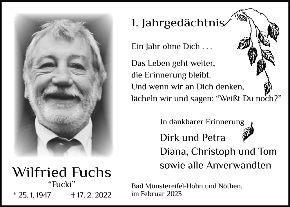  Traueranzeige für Wilfried Fuchs vom 18.02.2023 aus  Blickpunkt Euskirchen 