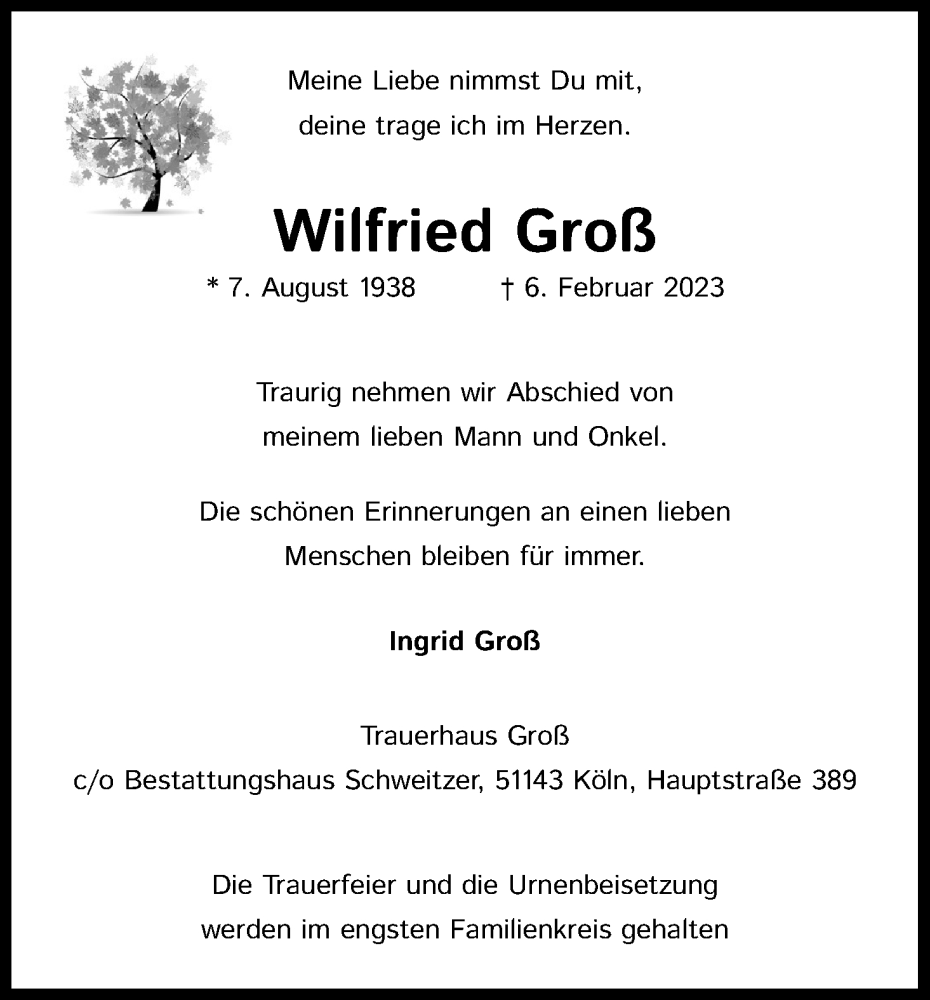  Traueranzeige für Wilfried Groß vom 11.02.2023 aus Kölner Stadt-Anzeiger / Kölnische Rundschau / Express