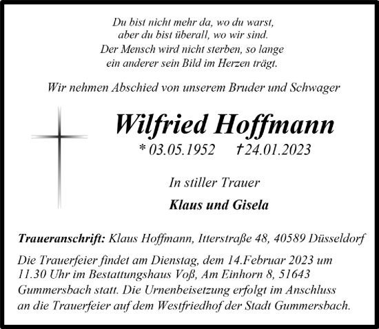 Anzeige von Wilfried Hoffmann von  Anzeigen Echo 