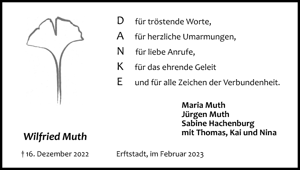  Traueranzeige für Wilfried Muth vom 04.02.2023 aus Kölner Stadt-Anzeiger / Kölnische Rundschau / Express