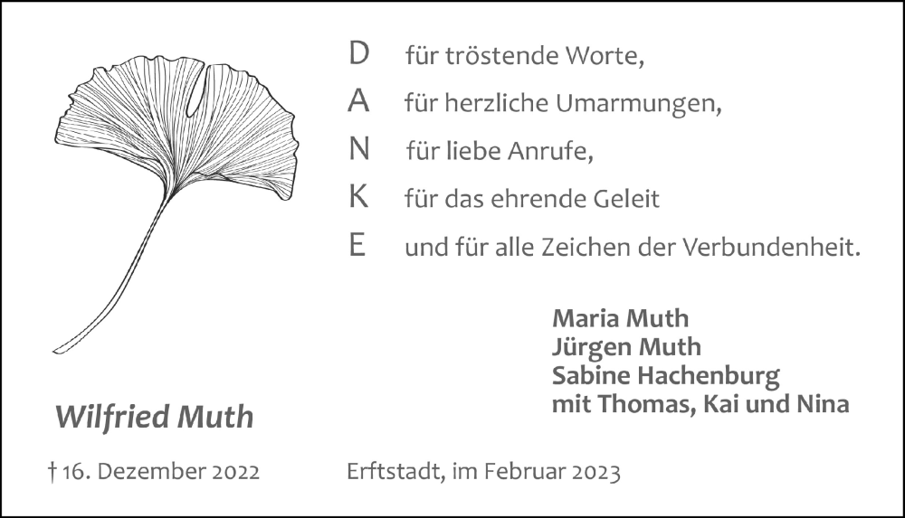  Traueranzeige für Wilfried Muth vom 10.02.2023 aus  Werbepost 
