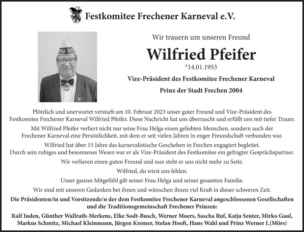  Traueranzeige für Wilfried Pfeifer vom 17.02.2023 aus  Wochenende 