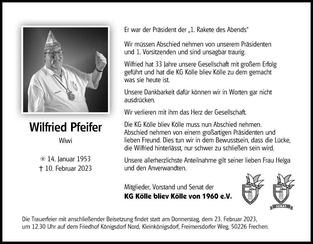  Traueranzeige für Wilfried Pfeifer vom 18.02.2023 aus Kölner Stadt-Anzeiger / Kölnische Rundschau / Express