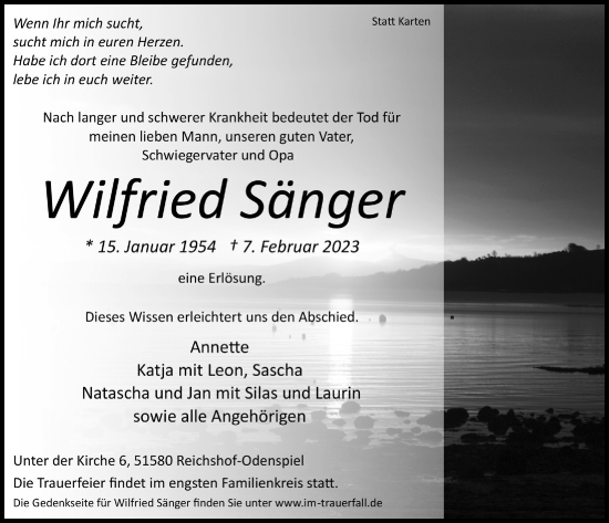 Anzeige von Wilfried Sänger von  Anzeigen Echo  Lokalanzeiger 