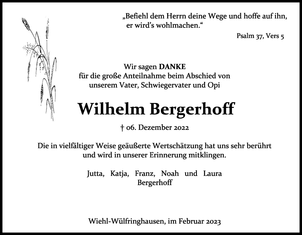  Traueranzeige für Wilhelm Bergerhoff vom 04.02.2023 aus Kölner Stadt-Anzeiger / Kölnische Rundschau / Express