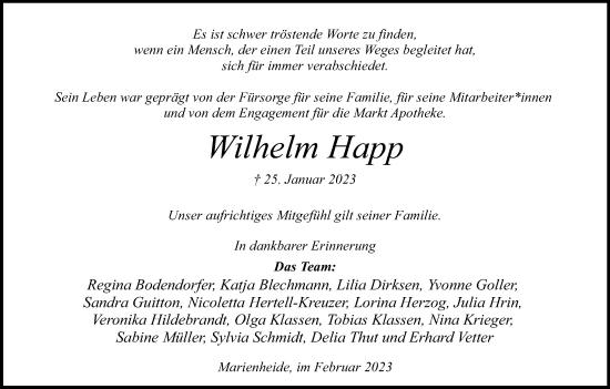 Anzeige von Wilhelm Happ von Kölner Stadt-Anzeiger / Kölnische Rundschau / Express