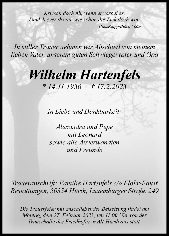 Anzeige von Wilhelm Hartenfels von Kölner Stadt-Anzeiger / Kölnische Rundschau / Express