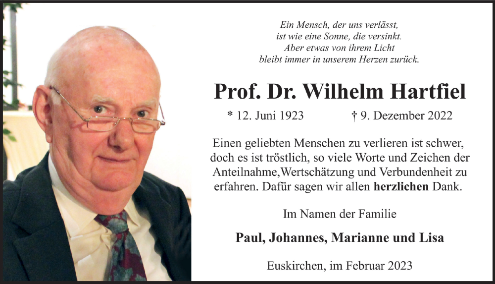  Traueranzeige für Wilhelm Hartfiel vom 25.02.2023 aus  Blickpunkt Euskirchen 