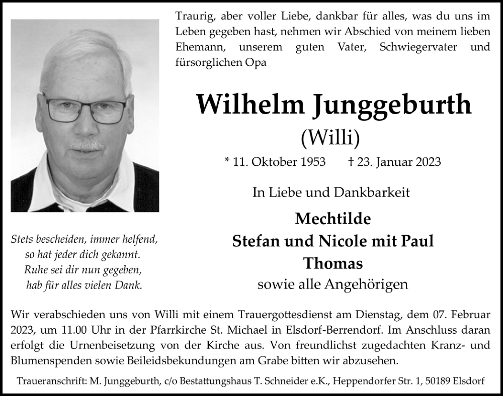  Traueranzeige für Wilhelm Junggeburth vom 03.02.2023 aus  Werbepost 