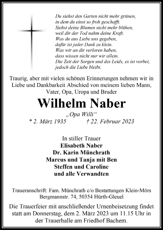 Anzeige von Wilhelm Naber von  Wochenende 