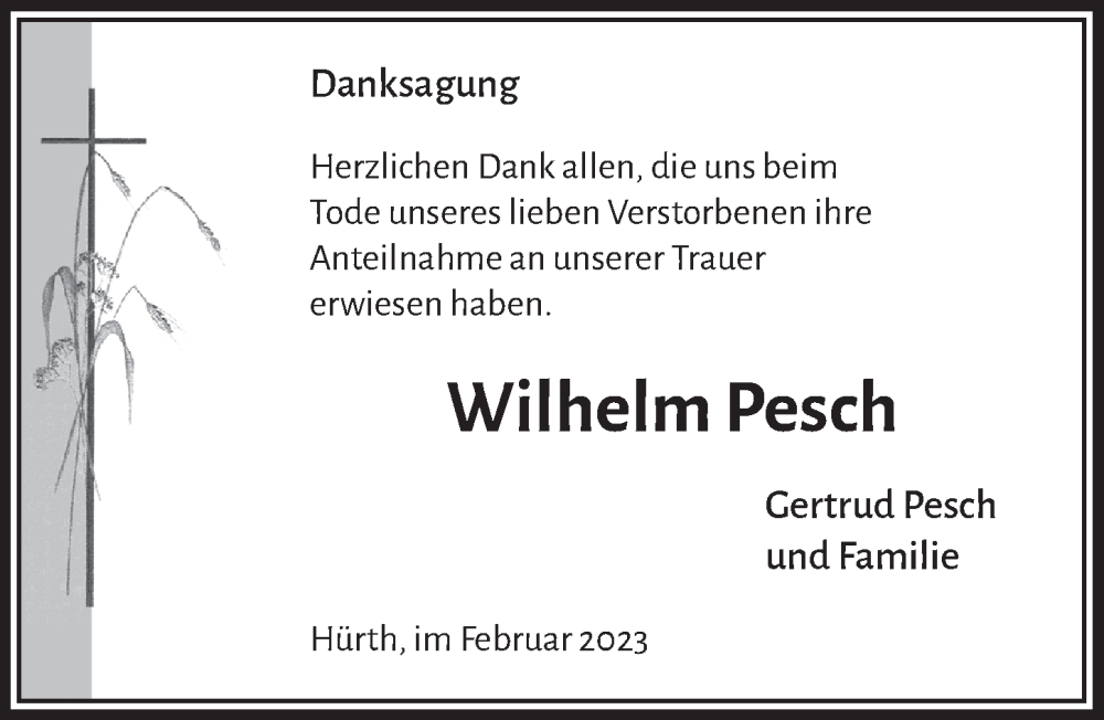 Traueranzeige für Wilhelm Pesch vom 10.02.2023 aus  Wochenende 