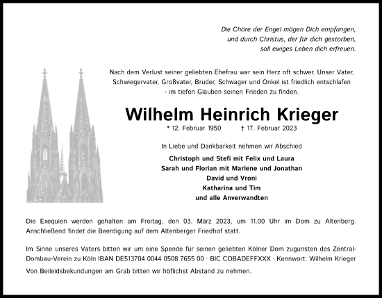 Anzeige von Wilhelm Heinrich Krieger von Kölner Stadt-Anzeiger / Kölnische Rundschau / Express
