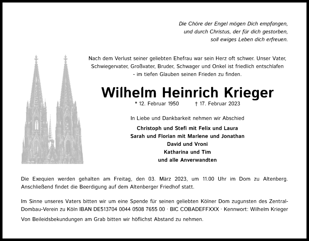  Traueranzeige für Wilhelm Heinrich Krieger vom 25.02.2023 aus Kölner Stadt-Anzeiger / Kölnische Rundschau / Express