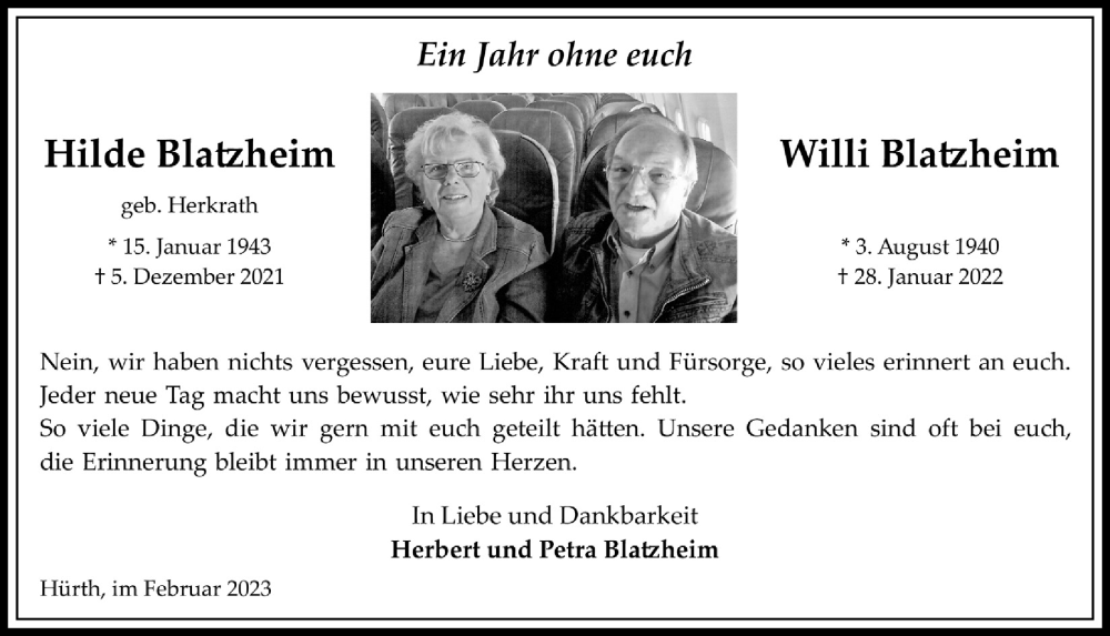  Traueranzeige für Willi Blatzheim vom 17.02.2023 aus  Wochenende 