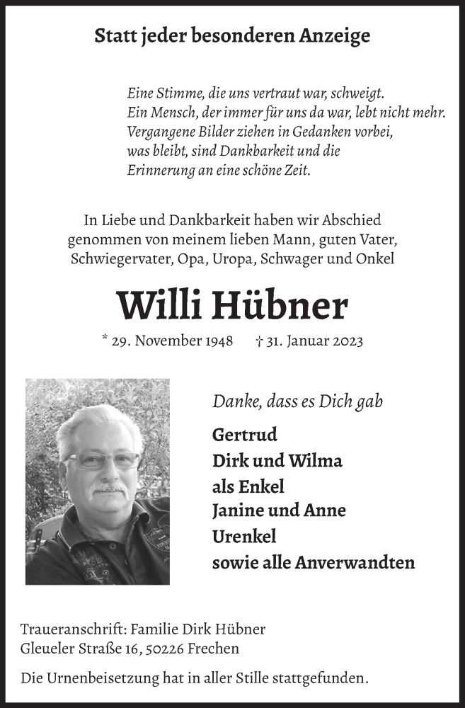  Traueranzeige für Willi Hübner vom 24.02.2023 aus  Wochenende 
