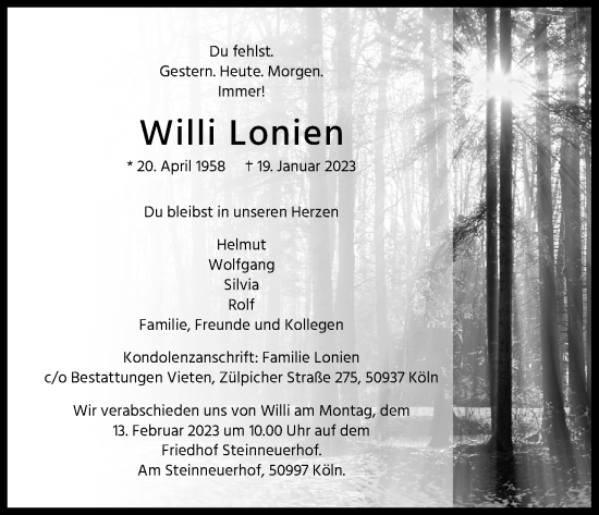 Anzeige von Willi Lonien von Kölner Stadt-Anzeiger / Kölnische Rundschau / Express