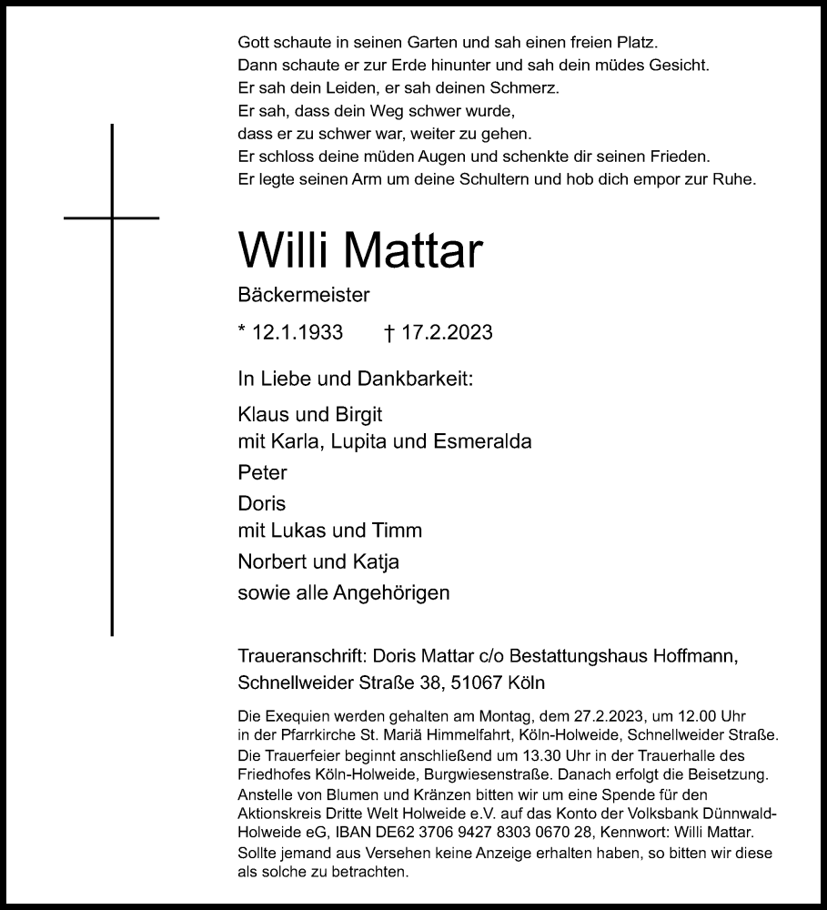  Traueranzeige für Willi Mattar vom 25.02.2023 aus Kölner Stadt-Anzeiger / Kölnische Rundschau / Express