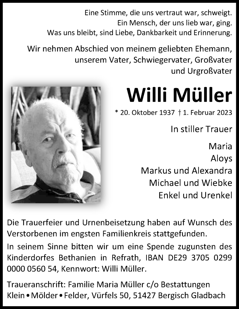  Traueranzeige für Willi Müller vom 18.02.2023 aus Kölner Stadt-Anzeiger / Kölnische Rundschau / Express