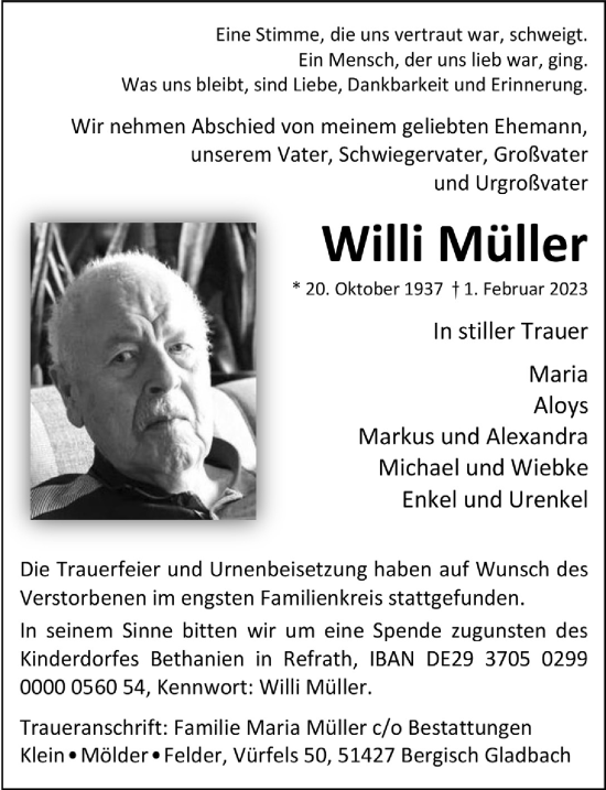 Anzeige von Willi Müller von  Bergisches Handelsblatt 