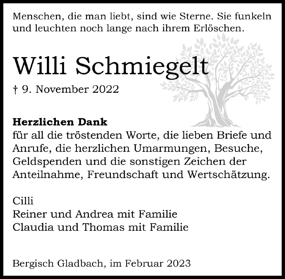  Traueranzeige für Willi Schmiegelt vom 03.02.2023 aus  Bergisches Handelsblatt 