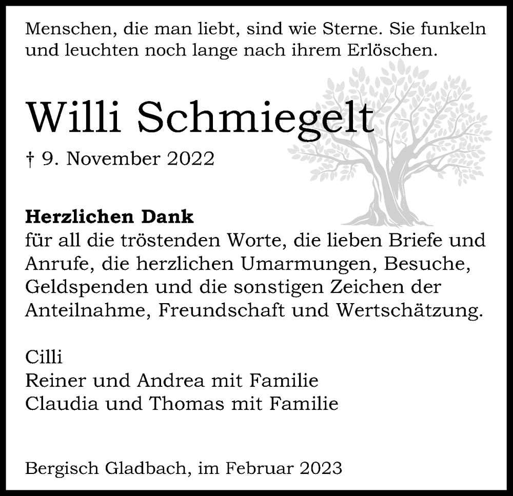  Traueranzeige für Willi Schmiegelt vom 04.02.2023 aus Kölner Stadt-Anzeiger / Kölnische Rundschau / Express