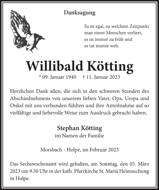 Anzeige von Willibald Kötting von  Lokalanzeiger 