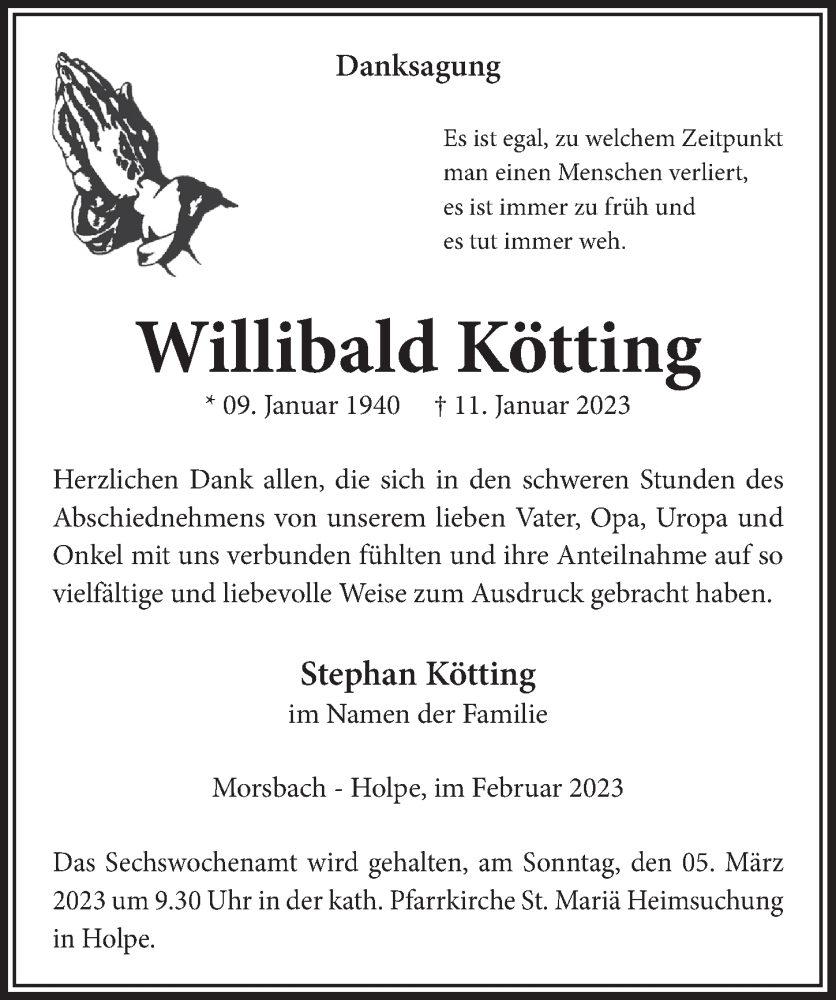  Traueranzeige für Willibald Kötting vom 24.02.2023 aus  Lokalanzeiger 