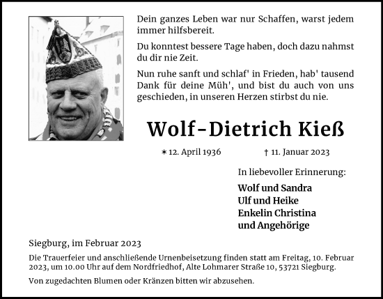 Anzeige von Wolf Dietrich Kieß von Kölner Stadt-Anzeiger / Kölnische Rundschau / Express