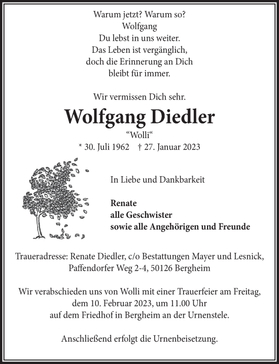 Anzeige von Wolfgang Diedler von  Werbepost 