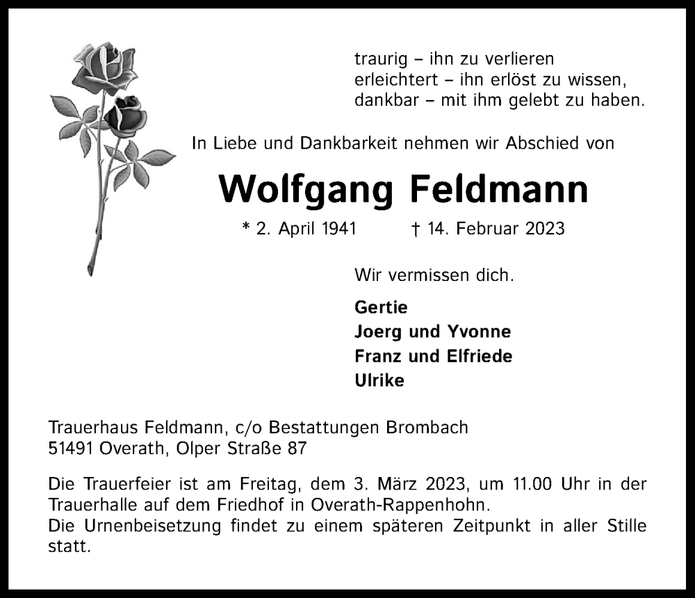  Traueranzeige für Wolfgang Feldmann vom 18.02.2023 aus Kölner Stadt-Anzeiger / Kölnische Rundschau / Express
