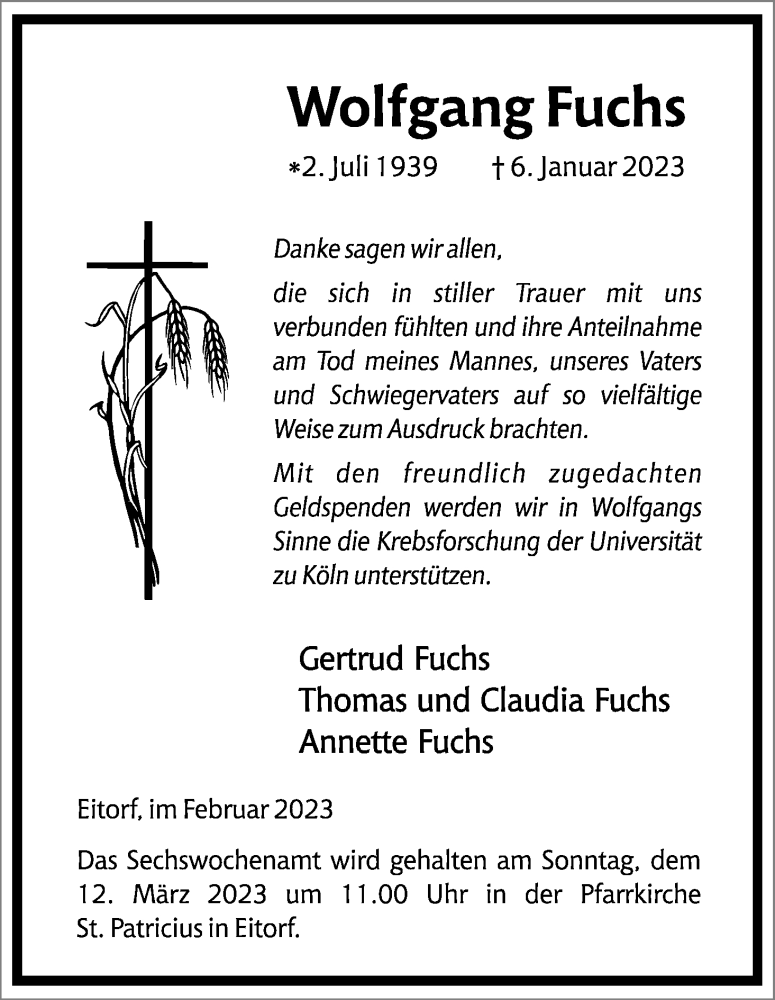  Traueranzeige für Wolfgang Fuchs vom 11.02.2023 aus Kölner Stadt-Anzeiger / Kölnische Rundschau / Express