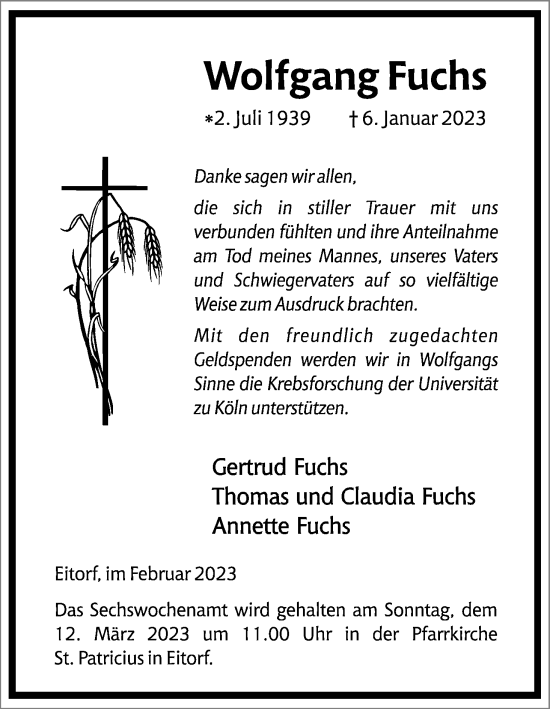 Anzeige von Wolfgang Fuchs von Kölner Stadt-Anzeiger / Kölnische Rundschau / Express