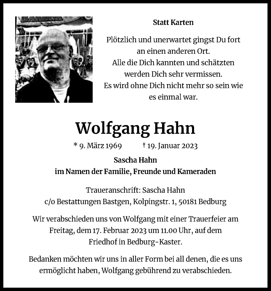  Traueranzeige für Wolfgang Hahn vom 11.02.2023 aus Kölner Stadt-Anzeiger / Kölnische Rundschau / Express