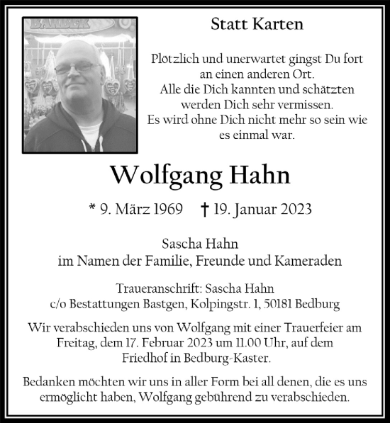 Anzeige von Wolfgang Hahn von  Werbepost 