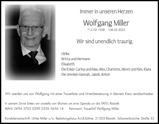 Anzeige von Wolfgang Miller von Kölner Stadt-Anzeiger / Kölnische Rundschau / Express