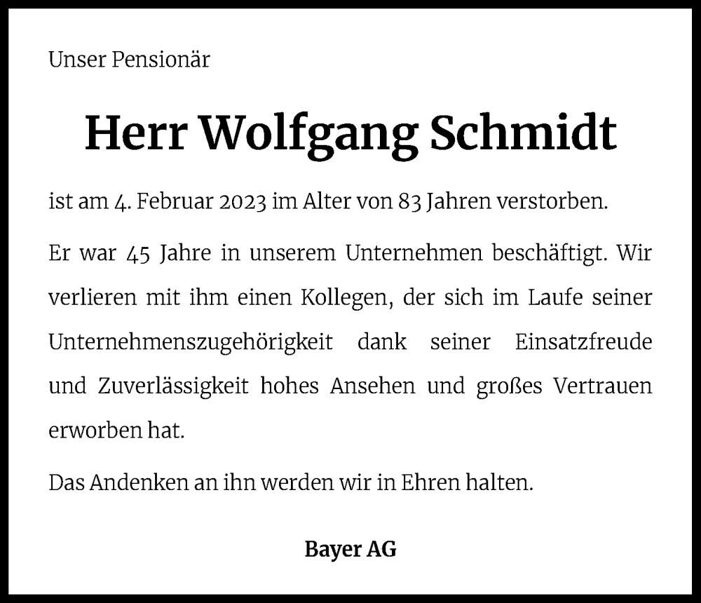  Traueranzeige für Wolfgang Schmidt vom 25.02.2023 aus Kölner Stadt-Anzeiger / Kölnische Rundschau / Express